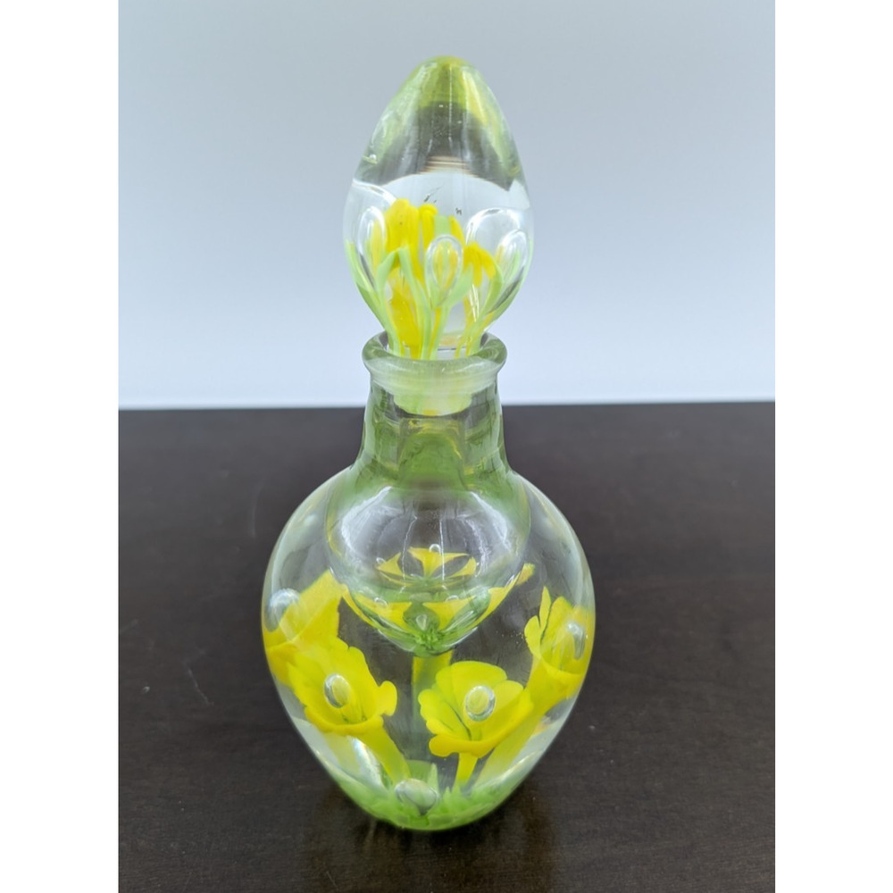 St Clair Art Glass Perfume Bottle Yellow Flowers Controlled Bubbles Unmarked 7.5